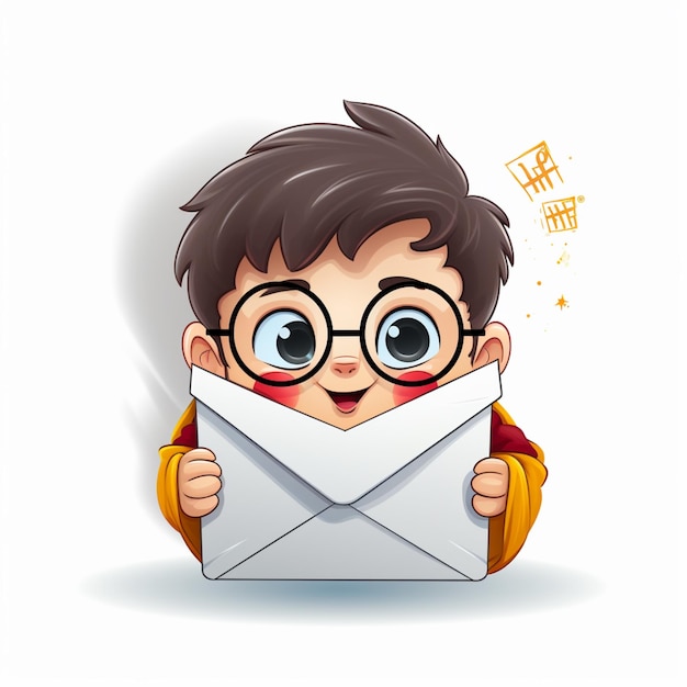 Foto menino de desenho animado com óculos segurando um envelope com uma mensagem generativa ai