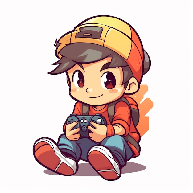 menino de desenho animado com uma mochila e um controlador de videogame