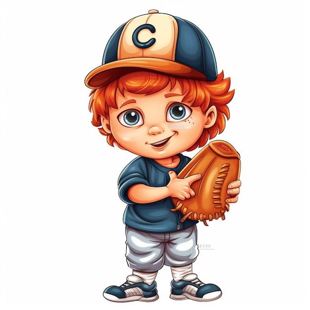 Foto menino de desenho animado com uniforme de beisebol segurando uma luva de apanhador ia generativa