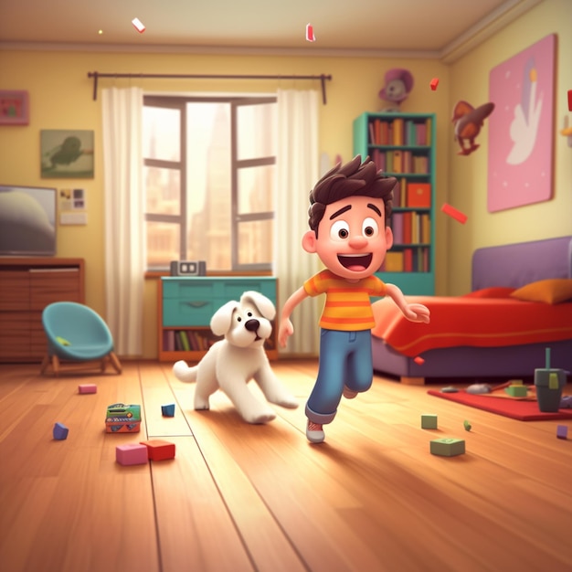 Menino de desenho animado correndo com um cachorro em uma sala com brinquedos