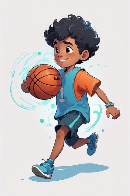 Foto menino de desenho animado correndo com uma bola de basquete na mão