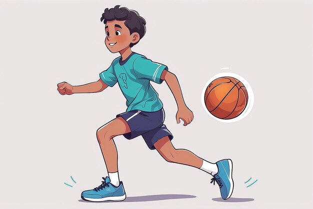 Menino de desenho animado correndo com uma bola de basquete na mão