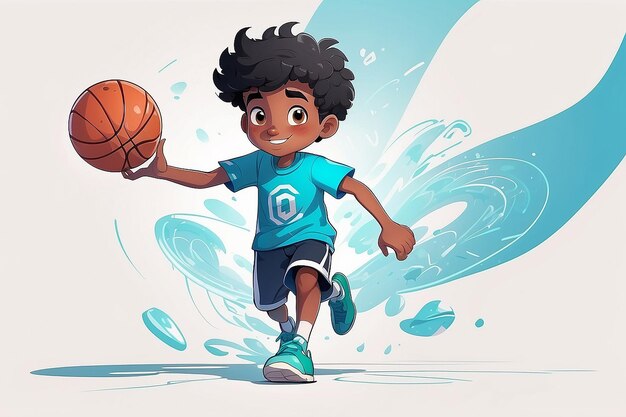 Menino de desenho animado correndo com uma bola de basquete na mão