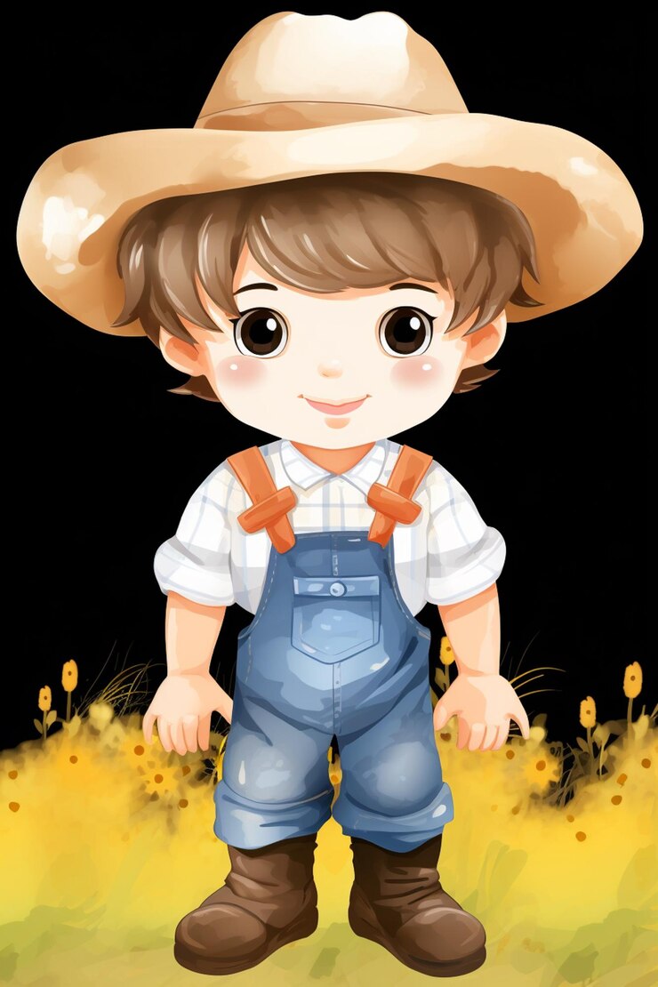 Foto menino de desenho animado em um chapéu e macacão de pé em um campo generativo ai