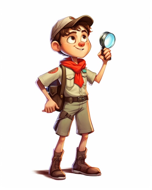 Foto menino de desenho animado em uniforme de escuteiro segurando uma lupa