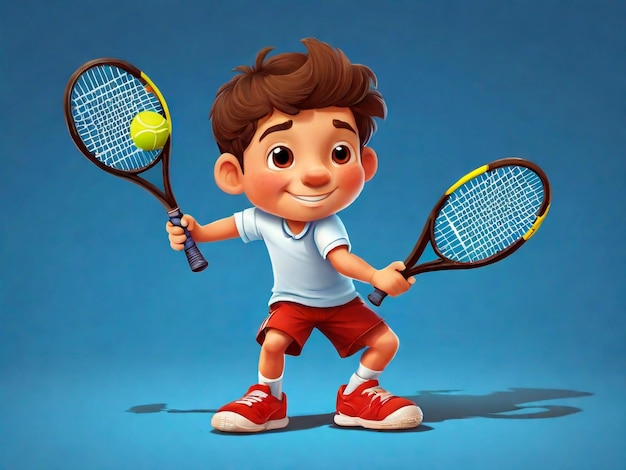 Foto menino de desenho animado jogando tênis isolado em ilustração vetorial de fundo azul