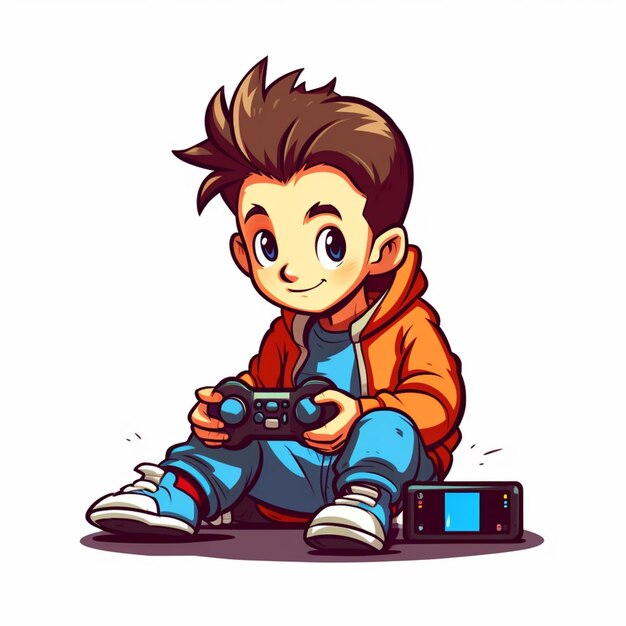 menino de desenho animado jogando videogame com controlador e gamepad generative ai