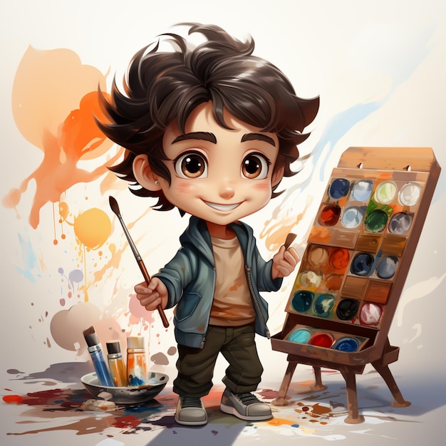 menino de desenho animado pintando com pincel e paleta na frente do cavaleiro generativo ai