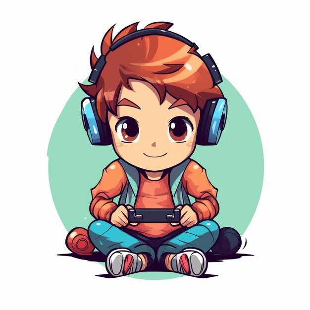 menino de desenho animado sentado no chão com fones de ouvido e segurando um controlador de jogo generativo ai