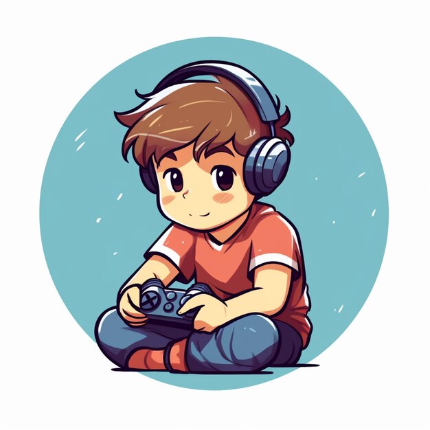 Foto menino de desenho animado sentado no chão com um controlador de videogame generativo ai