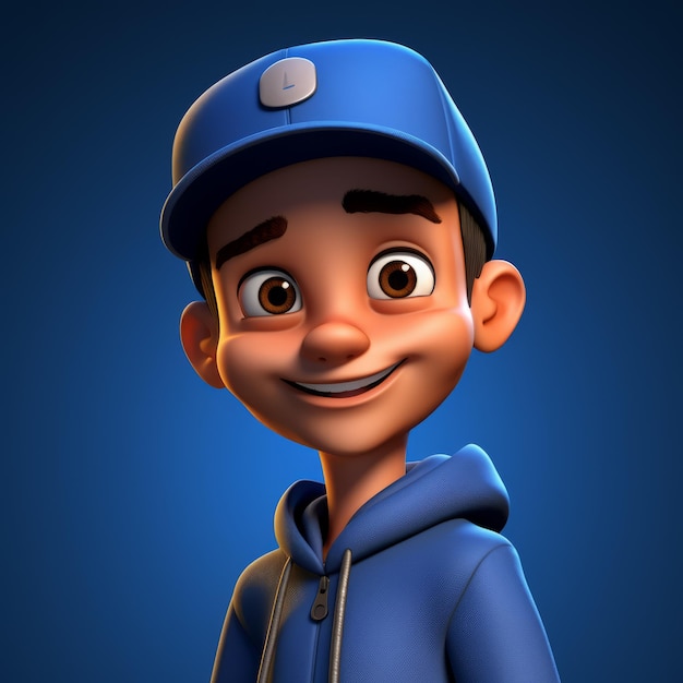 Menino de desenho animado sorridente com capuz azul e chapéu design de personagem 3D realista