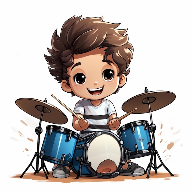 menino de desenho animado tocando bateria com uma camisa branca e calças pretas