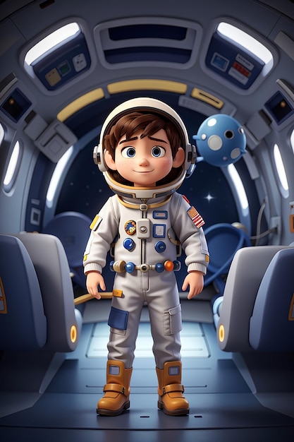 Menino de desenho animado vestindo traje de astronauta em uma nave espacial