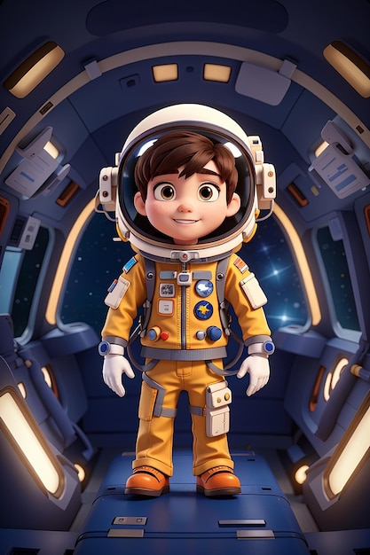 Menino de desenho animado vestindo traje de astronauta em uma nave espacial