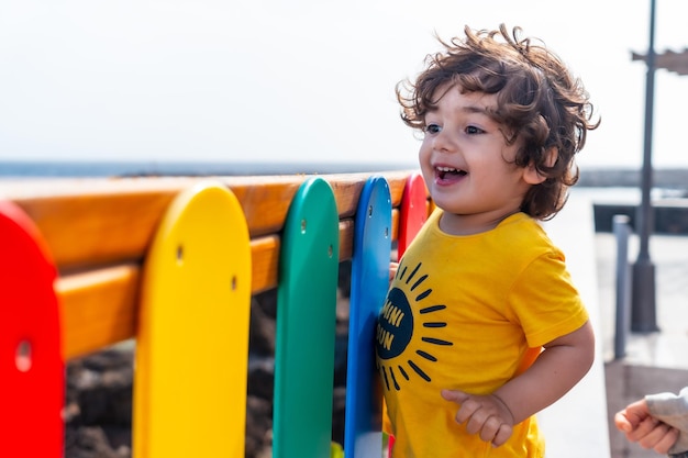 Menino de dois anos sorrindo e rindo em um parque com diversão infantil de madeiras coloridas