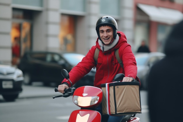 Foto menino de entrega de comida entregando comida em scooter