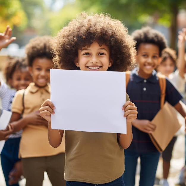 Foto menino de escola com cabelo encaracolado segurando uma folha de papel