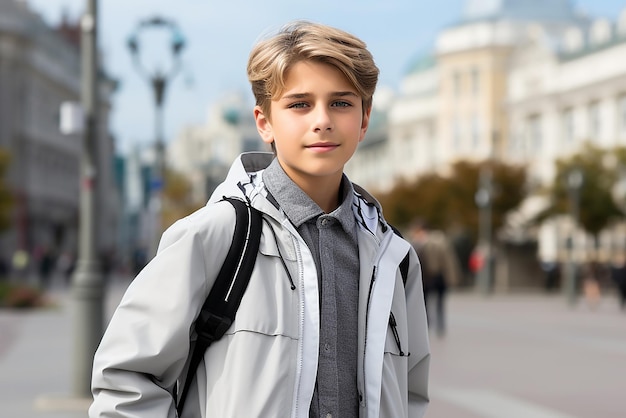 Menino de escola com mochila em uniforme em fundo claro com espaço para texto de volta para a escola