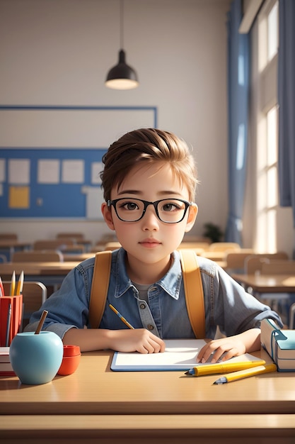 Menino de escola com óculos escrevendo algo em um caderno na sala de aula em formato vertical geração de IA