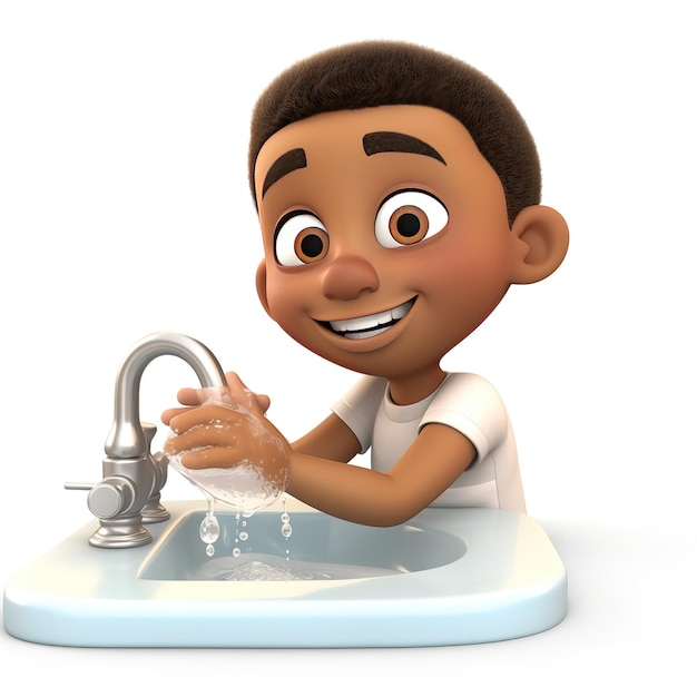 Menino de escola diversificada de desenho animado 3d lavando bem as mãos com sabão