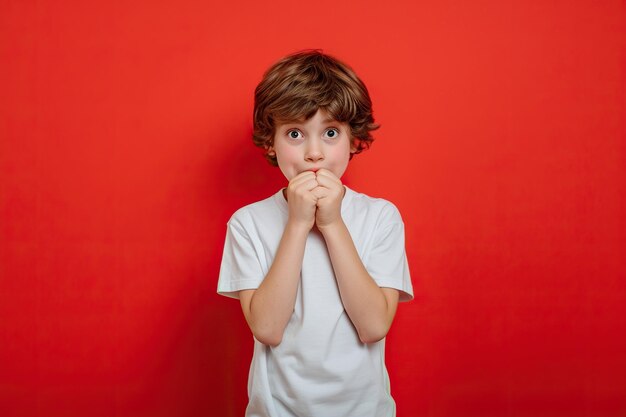 Foto menino de escola nervoso no estúdio com oops reação em fundo vermelho erro desculpa drama ou segredo com arrependimento vergonha ou estranho