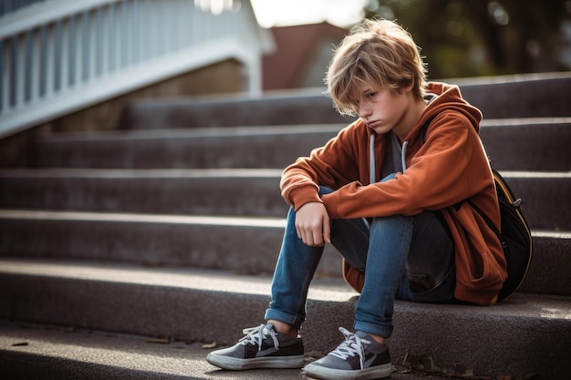 Menino de escola sentado sozinho na escada Vítima de bullying escolar Generative AI