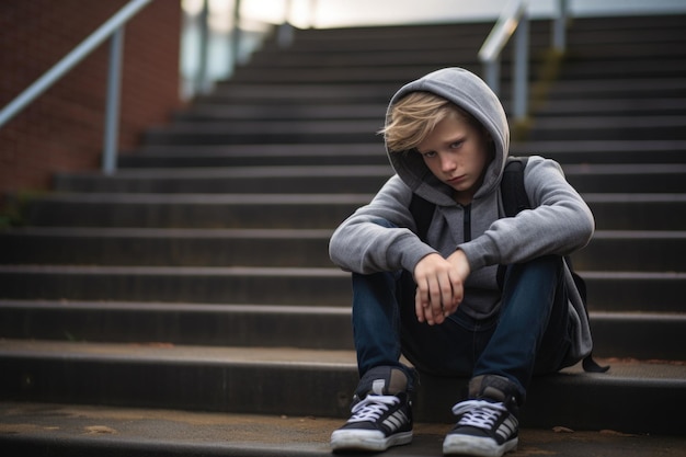 Foto menino de escola sentado sozinho nas escadas vítima de bullying escolar ia generativa