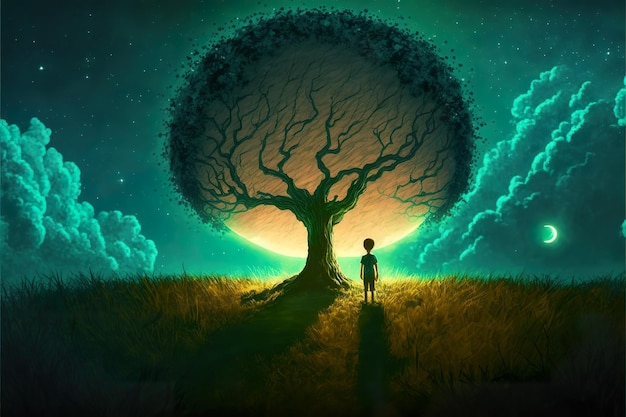 Menino de fantasia mágica com uma árvore de bola mágica