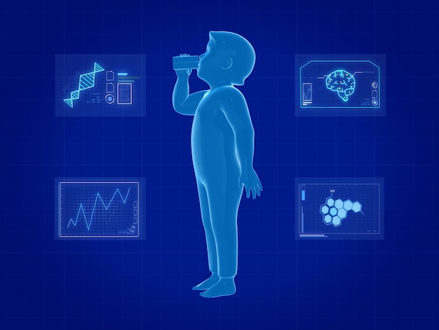 Foto menino de holograma bebendo leite com pesquisa de gráficos na tela azul.