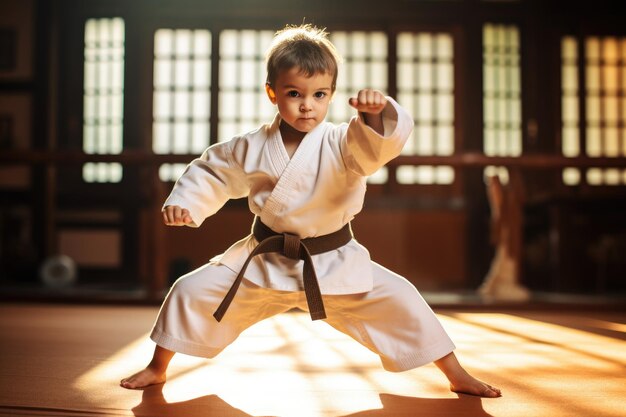 Menino de kimono treinando taekwondo no ginásio Uma criança aprendendo artes marciais em um dojo Gerado por IA