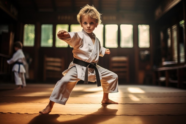 Foto menino de kimono treinando taekwondo no ginásio uma criança aprendendo artes marciais em um dojo gerado por ia