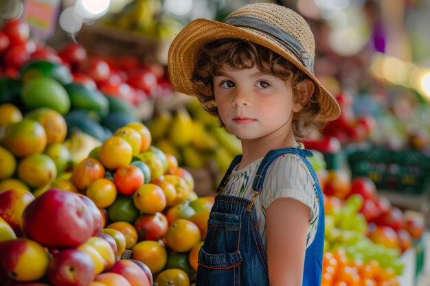 Menino de macacão na barraca de frutas