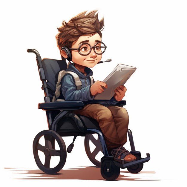 Foto menino de óculos está sentado numa cadeira de rodas
