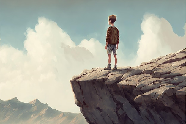 Menino de pé na montanha e olhando para as rochas flutuando no céu ilustração de estilo de arte digital pintura conceito de fantasia de um menino na montanha