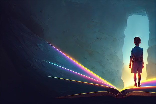 Menino de pé no livro gigante aberto com pintura de ilustração de estilo de arte digital de luz de fantasia