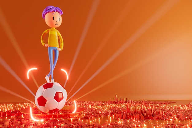 Menino de personagem 3d de desenho animado em ação esportiva ilustrador 3d design humano colorido rosto feliz esporte objeto renderização atividade fitness conceito de saúde cópia espaço fundo bola de futebol