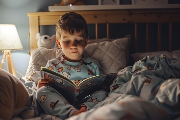 Menino de pijama a ler uma história para dormir. IA generativa.