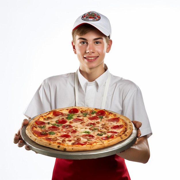Foto menino de pizza entrega de comida homem refeição feliz comer jovem caixa de fundo delicioso jantar fofo rápido