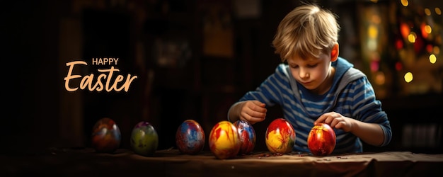 Menino decorando ovos de Páscoa com tinta em uma mesa de arte