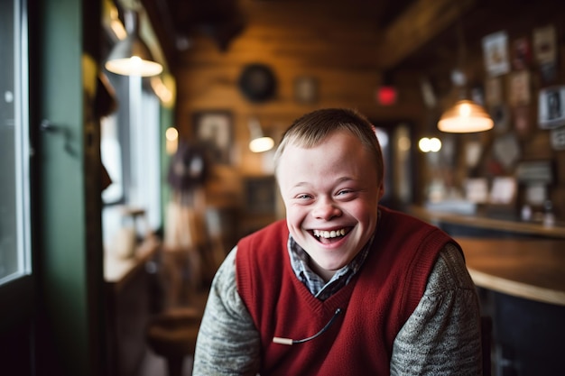 Menino deficiente feliz com síndrome de down gerado por IA