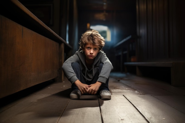 Foto menino deprimido triste criança sentar-se no seu quarto depressão estresse ou frustração