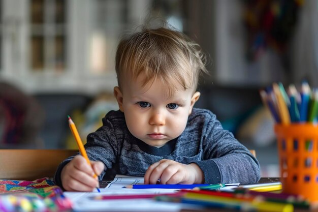 Menino desenhando à mesa