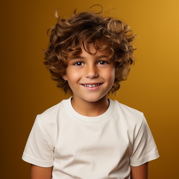 Foto menino do sexo masculino vestindo maquete de camisa branca em fundo amarelo