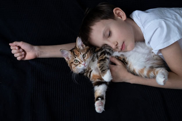 Menino dormindo com pequeno gatinho kurilian bobtail