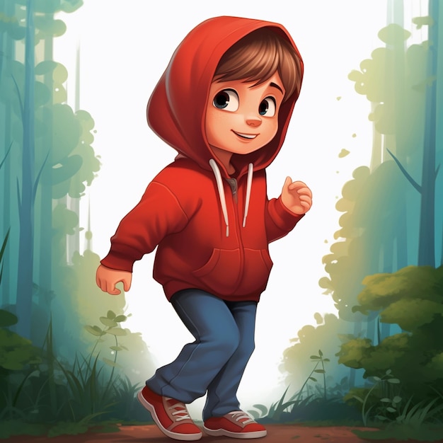 menino dos desenhos animados com capuz vermelho andando na floresta generativa ai