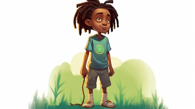 Foto menino dos desenhos animados com dreadlocks e muletas em pé na grama generativa ai