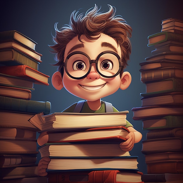 Menino dos desenhos animados que trabalha duro lendo livros
