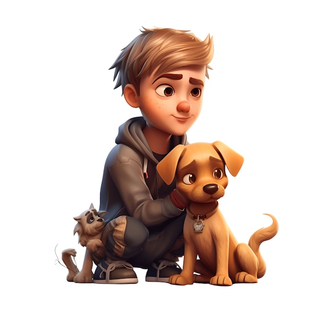 Menino e cachorro isolados em uma renderização 3d de fundo branco