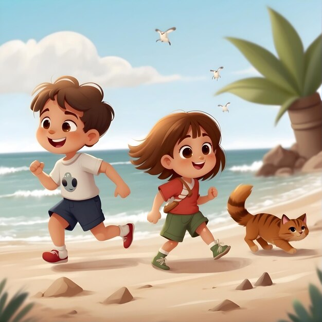 Menino e menina a correr na praia.