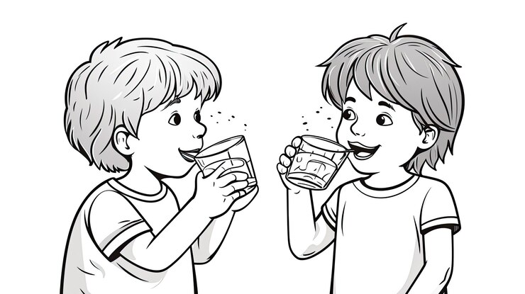 Foto menino e menina bebendo um copo de água desenhados à mão em ilustrações de estilo de linha fina